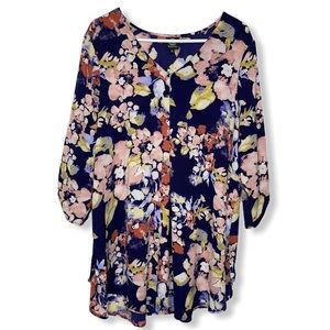 Anthropologie Bobeau Navy Floral V neck Tunic Top